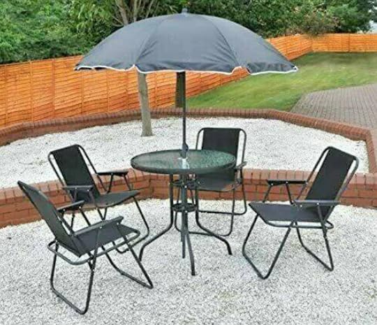 Garden Mile Patio Dining Set - Round 4 seater garden dinning set with Umbrella, 4 Folding Dining Chairs & Round Tempered Glass Table for Garden, Patio furniture or conservatory décor (Black)
